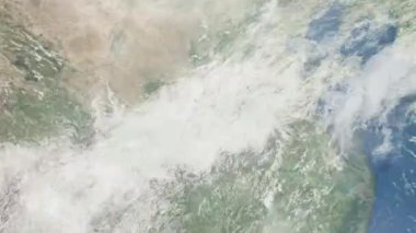 Dünyanın uzaydan şehire yakınlaşması. Üç boyutlu animasyon. Çin 'in Luoyang şehrine yakınlaş. Video görüntülerini stokla. 4K
