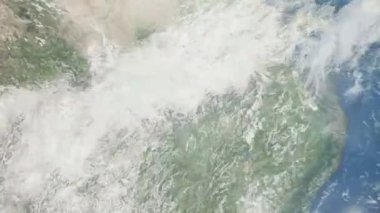 Dünyanın uzaydan şehire yakınlaşması. Üç boyutlu animasyon. Çin 'in Xiangyang şehrine yakınlaş. Video görüntülerini stokla. 4K