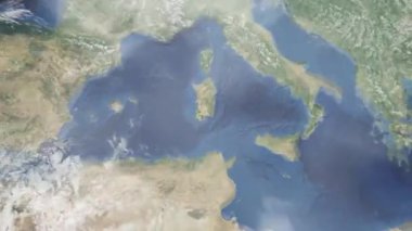 Dünyanın uzaydan şehire yakınlaşması. Üç boyutlu animasyon. İtalya 'nın Cagliari şehrine yakınlaş. Video görüntülerini stokla. 4K