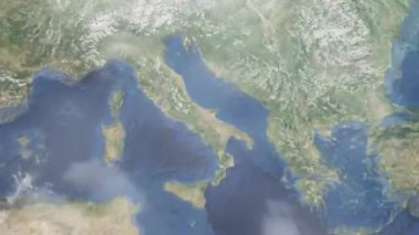 Dünyanın uzaydan şehire yakınlaşması. Üç boyutlu animasyon. İtalya 'nın Foggia şehrine yakınlaş. Video görüntülerini stokla. 4K