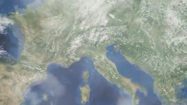 Dünyanın uzaydan şehire yakınlaşması. Üç boyutlu animasyon. İtalya 'nın Parma şehrini yakınlaştır. Video görüntülerini stokla. 4K