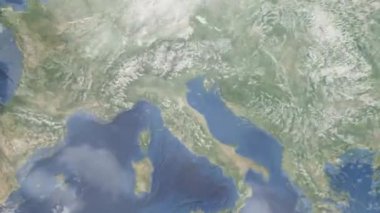 Dünyanın uzaydan şehire yakınlaşması. Üç boyutlu animasyon. Rimini, İtalya 'ya yakınlaş. Video görüntülerini stokla. 4K