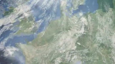 Dünyanın uzaydan şehire yakınlaşması. Üç boyutlu animasyon. Hagen, Almanya 'ya yakınlaş. Video görüntülerini stokla. 4K