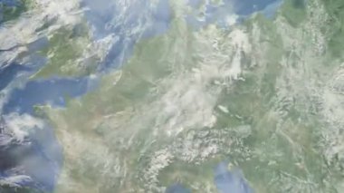 Dünyanın uzaydan şehire yakınlaşması. Üç boyutlu animasyon. Darmstadt, Almanya 'ya yakınlaş. Video görüntülerini stokla. 4K