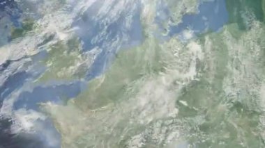 Dünyanın uzaydan şehire yakınlaşması. Üç boyutlu animasyon. Almanya 'nın Hearne şehrine yakınlaş. Video görüntülerini stokla. 4K
