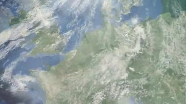 Dünyanın uzaydan şehire yakınlaşması. Üç boyutlu animasyon. Almanya 'nın Noyce şehrine yakınlaş. Video görüntülerini stokla. 4K
