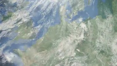 Dünyanın uzaydan şehire yakınlaşması. Üç boyutlu animasyon. Almanya 'nın Osnabrck şehrine yakınlaş. Video görüntülerini stokla.