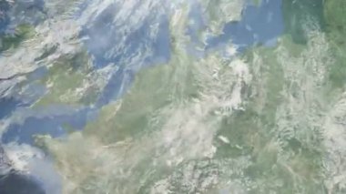 Dünyanın uzaydan şehire yakınlaşması. Üç boyutlu animasyon. Paderborn, Almanya 'ya yakınlaş. Video görüntülerini stokla. 4K