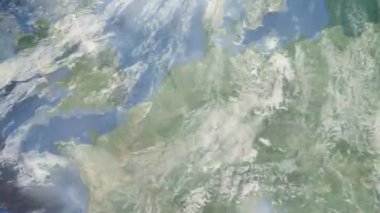 Dünyanın uzaydan şehire yakınlaşması. Üç boyutlu animasyon. Solingen, Almanya 'ya yakınlaş. Video görüntülerini stokla. 4K