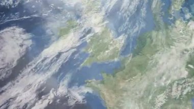 Dünyanın uzaydan şehire yakınlaşması. Üç boyutlu animasyon. Büyük Britanya, Bristol şehrini yakınlaştırın. Video görüntülerini stokla. 4K