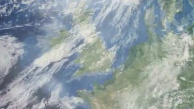 Dünyanın uzaydan şehire yakınlaşması. Üç boyutlu animasyon. Büyük Britanya 'nın Leicester şehrine yakınlaş. Video görüntülerini stokla. 4K