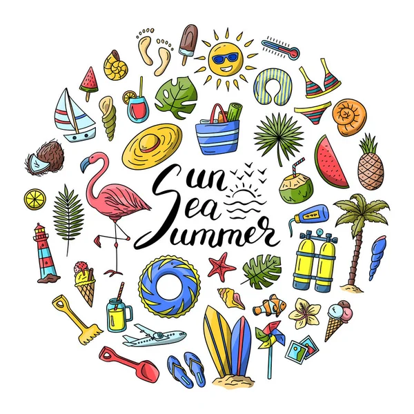 Vektorová Ručně Kreslená Letní Kompozice Nápisem Sun Sea Summer Zahrnuje — Stockový vektor