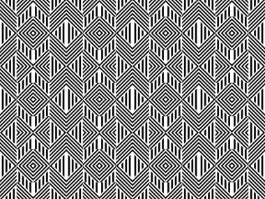 Çizgili siyah beyaz düz çizgileri ve çapraz eğimli çizgileri olan kusursuz bir desen. Optik illüzyon etkisi. Geometrik operasyon sanatı. Kumaş, tekstil, baskı ve ağ için vektör yanıltıcı arkaplan.