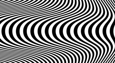 Abstract wave pattern with black-white striped lines. Creative background. Op art, optical illusion. Modern design, graphic texture.
