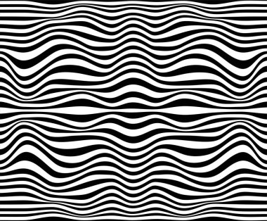 Siyah ve beyaz çizgili, pürüzsüz desen. Soyut dalga çizgisi sanatı. Optik sanat, optik illüzyon. Psikedelik arka plan. Modern tasarım, grafik dokusu.