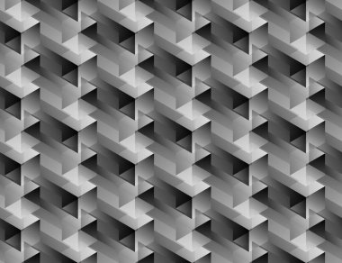 Isometric seamless pattern, volume realistic texture, black white gradient background. 3d geometric tiles with cubes. Abstract uncolored backdrop for web, wallpaper, fabric, wrapping, paper, print.