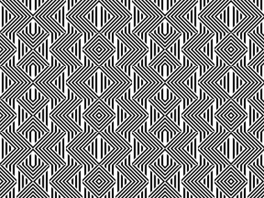 Çizgili siyah beyaz düz çizgileri ve çapraz eğimli çizgileri olan kusursuz bir desen. Optik illüzyon etkisi. Geometrik operasyon sanatı. Kumaş, tekstil, baskı ve ağ için vektör yanıltıcı arkaplan.