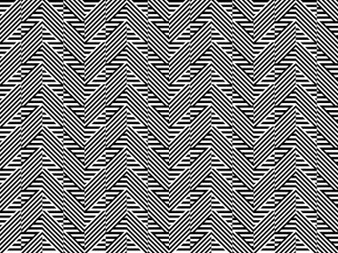 Çizgili siyah beyaz düz çizgileri ve çapraz eğimli çizgileri olan kusursuz bir desen. Optik illüzyon etkisi. Geometrik operasyon sanatı. Kumaş, tekstil, baskı ve ağ için vektör yanıltıcı arkaplan.