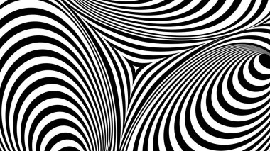 Vektör siyah beyaz arka plan. Yuvarlak çizgili, hipnotik soyutlama. Dairesel ve üçgenli asimetrik zemin. Optik yanılsama. İşlem sanatı.