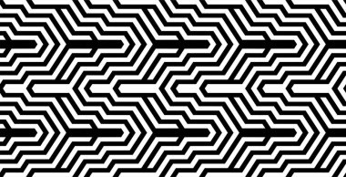 Altıgen elementlerinin gelecekteki teknolojik geçmişi. Siyah beyaz çizgili, pürüzsüz desen. Optik sanat, optik illüzyon. Vektör dokusu.