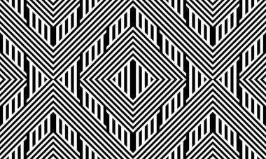 Çizgili siyah beyaz düz çizgileri ve çapraz eğimli çizgileri olan kusursuz desen (zigzag, simge). Optik illüzyon efekti, operasyon sanatı. Kumaş, kumaş, tekstil, tartan için arka plan.