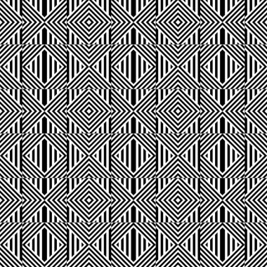 Çizgili siyah beyaz düz çizgileri ve çapraz eğimli çizgileri olan kusursuz bir desen. Optik illüzyon etkisi. Geometrik operasyon sanatı. Kumaş, tekstil, baskı ve ağ için vektör yanıltıcı arkaplan.