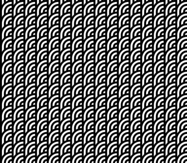 Daireleri ve çizgili siyah beyaz çizgileri olan kusursuz bir desen. Optik illüzyon etkisi. Operasyon sanatında geometrik fayans. Kumaş, tekstil, baskı ve ağ için vektör yanıltıcı arkaplan.