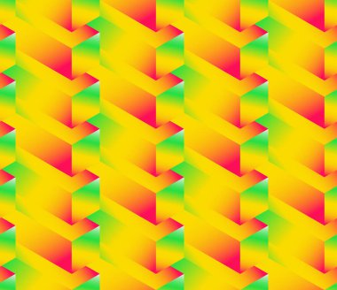 Isometric dipsiz desen, hacim gerçekçi doku, renk eğimli arkaplan. Küplü 3 boyutlu geometrik fayanslar. Ağ, duvar kağıdı, kumaş, ambalaj, kağıt, baskı için soyut çok renkli arkaplan.