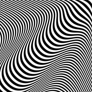 Abstract wave pattern with black-white striped lines. Creative background. Op art, optical illusion. Modern design, graphic texture.