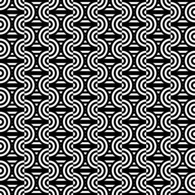 Daireleri ve çizgili siyah beyaz çizgileri olan kusursuz bir desen. Optik illüzyon etkisi. Operasyon sanatında geometrik fayans. Kumaş, tekstil, baskı ve ağ için vektör yanıltıcı arkaplan.