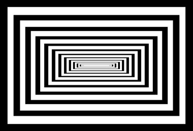 Çizgili siyah ve beyaz dikdörtgenli optik arka plan. Derin dalış, uzay tüneli, mimari koridor. Hipnotik doku, operasyon sanatı soyutlaması.