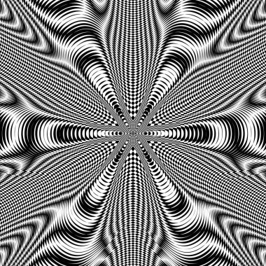 Moire etkisi, siyah-beyaz hipnotik model, psikedelik arka plan. Optik sanat, optik illüzyon. Modern tasarım, grafik dokusu.