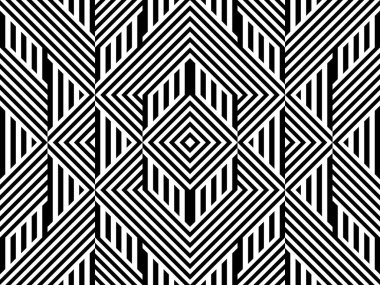 Çizgili siyah beyaz düz çizgileri ve çapraz eğimli çizgileri olan kusursuz desen (zigzag, simge). Optik illüzyon efekti, operasyon sanatı. Kumaş, kumaş, tekstil, tartan için arka plan.
