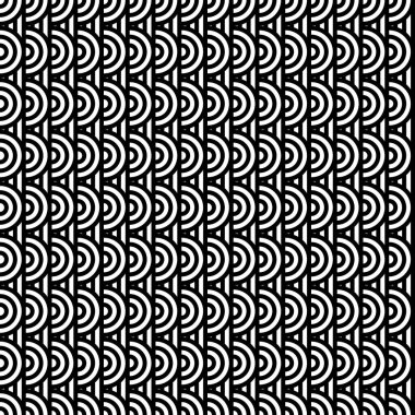 Daireleri ve çizgili siyah beyaz çizgileri olan kusursuz bir desen. Optik illüzyon etkisi. Operasyon sanatında geometrik fayans. Kumaş, tekstil, baskı ve ağ için vektör yanıltıcı arkaplan.