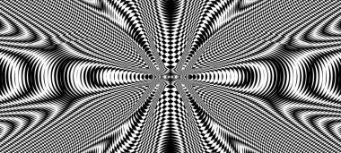 Moire etkisi, siyah-beyaz hipnotik model, psikedelik arka plan. Optik sanat, optik illüzyon. Modern tasarım, grafik dokusu.
