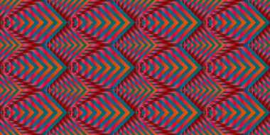 Gradyan renk çizgileri olan kusursuz vektör deseni. Optik illüzyonun etkisi. Çizgili altıgenlerin ve eşkenar dörtgenlerin çok renkli pulları. İşlem sanatı kinetik arkaplanı.