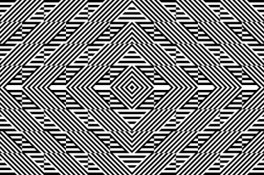 Çizgili siyah beyaz düz çizgileri ve çapraz eğimli çizgileri olan kusursuz desen (zigzag, simge). Optik illüzyon efekti, operasyon sanatı. Kumaş, kumaş, tekstil, tartan için arka plan.