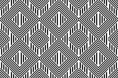 Çizgili siyah beyaz düz çizgileri ve çapraz eğimli çizgileri olan kusursuz desen (zigzag, simge). Optik illüzyon efekti, operasyon sanatı. Kumaş, kumaş, tekstil, tartan için arka plan.
