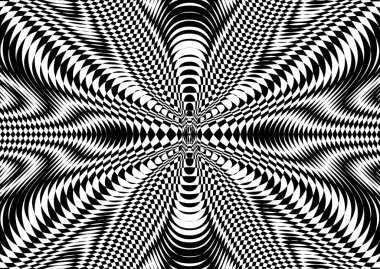 Moire etkisi, siyah-beyaz hipnotik model, psikedelik arka plan. Optik sanat, optik illüzyon. Modern tasarım, grafik dokusu.