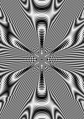 Moire etkisi, siyah-beyaz hipnotik model, psikedelik arka plan. Optik sanat, optik illüzyon. Modern tasarım, grafik dokusu.
