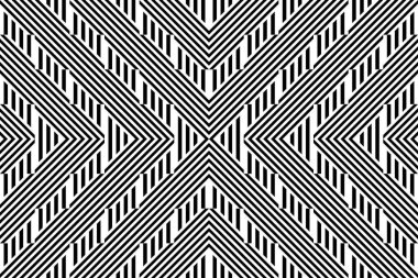 Çizgili siyah beyaz düz çizgileri ve çapraz eğimli çizgileri olan kusursuz desen (zigzag, simge). Optik illüzyon efekti, operasyon sanatı. Kumaş, kumaş, tekstil, tartan için arka plan.