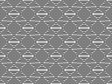 Çizgili siyah beyaz düz çizgileri ve çapraz eğimli çizgileri olan kusursuz bir desen. Optik illüzyon etkisi. Geometrik operasyon sanatı. Kumaş, tekstil, baskı ve ağ için vektör yanıltıcı arkaplan.
