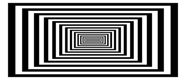 Optical background with striped black and white rectangles. Deep immersion, space tunnel, architectural corridor. Hypnotic texture, op art abstraction.