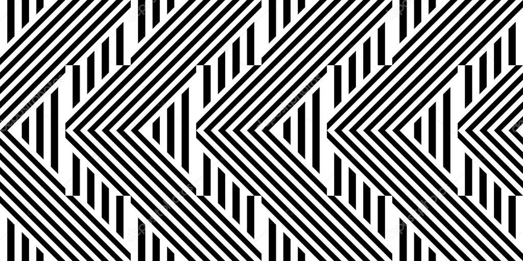 Seamless pattern with striped black white straight lines and diagonal inclined lines (zigzag, chevron). Optical illusion effect, op art. Background for cloth, fabric, textile, tartan.