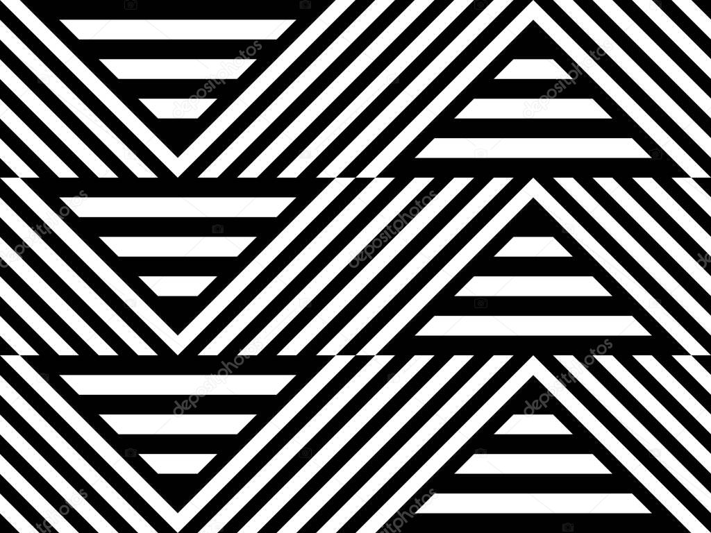 Seamless pattern with striped black white straight lines and diagonal inclined lines (zigzag, chevron). Optical illusion effect, op art. Vector vibrant decorative background, texture.