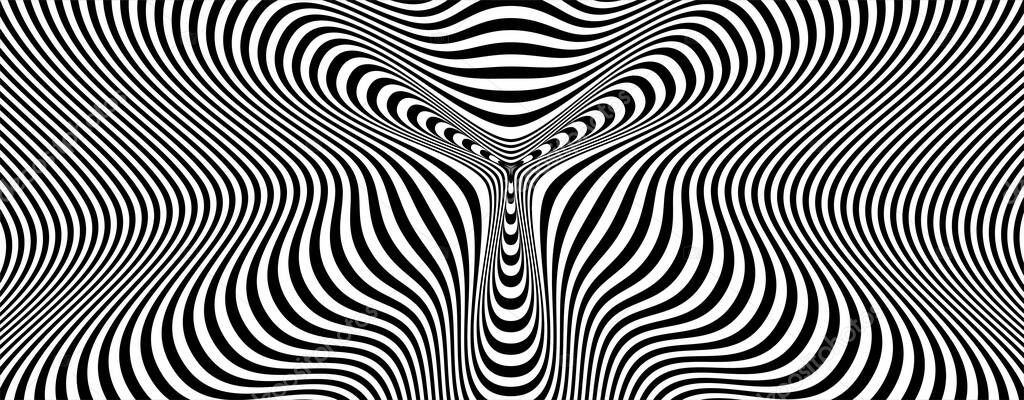 Abstract hypnotic pattern with black-white striped lines. Psychedelic background. Op art, optical illusion. Modern design, graphic texture.