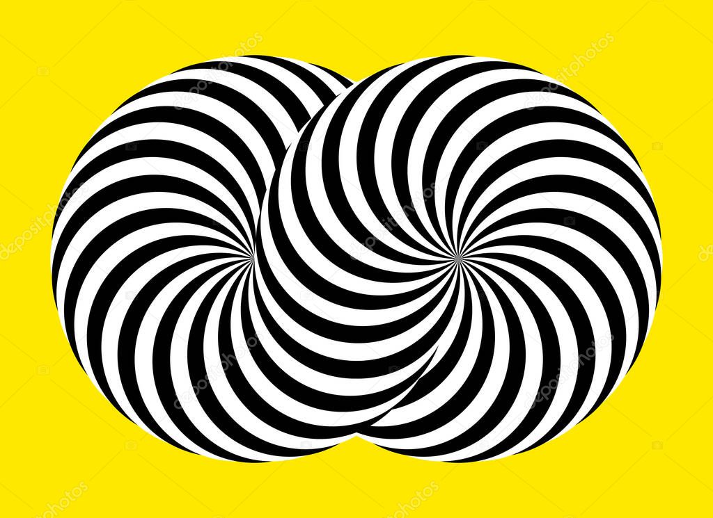 Infinity symbol of interlaced circles. Impossible shape on color background. Optical illusion with striped lines. Black white stripes of circle.