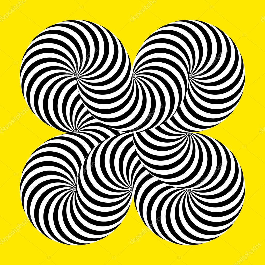 Infinity symbol of interlaced circles. Impossible shape on color background. Optical illusion with striped lines. Black white stripes of circle.