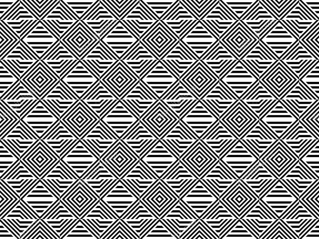 Seamless pattern with striped black white straight lines and diagonal inclined lines. Optical illusion effect. Geometric op art style. Vector illusive background for cloth, textile, print, web.