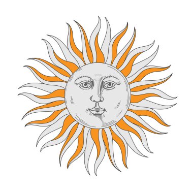 Boho güneş ikonu, bohem tarzı tasarım. Doğrusal çizilmiş sanat